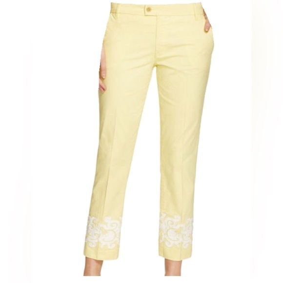 Tory Burch NWT Adrienne chino lemon curd pants with white embroidery Size 29